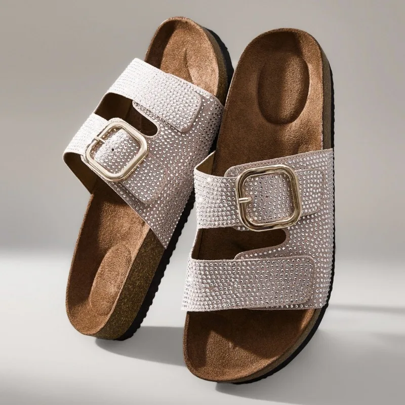 

2026 Summer New Fashionable Cool Women's Slippers Medium Heel Rhinestone Metal Buckle Boken Slippers for Women Sandalias Mujer
