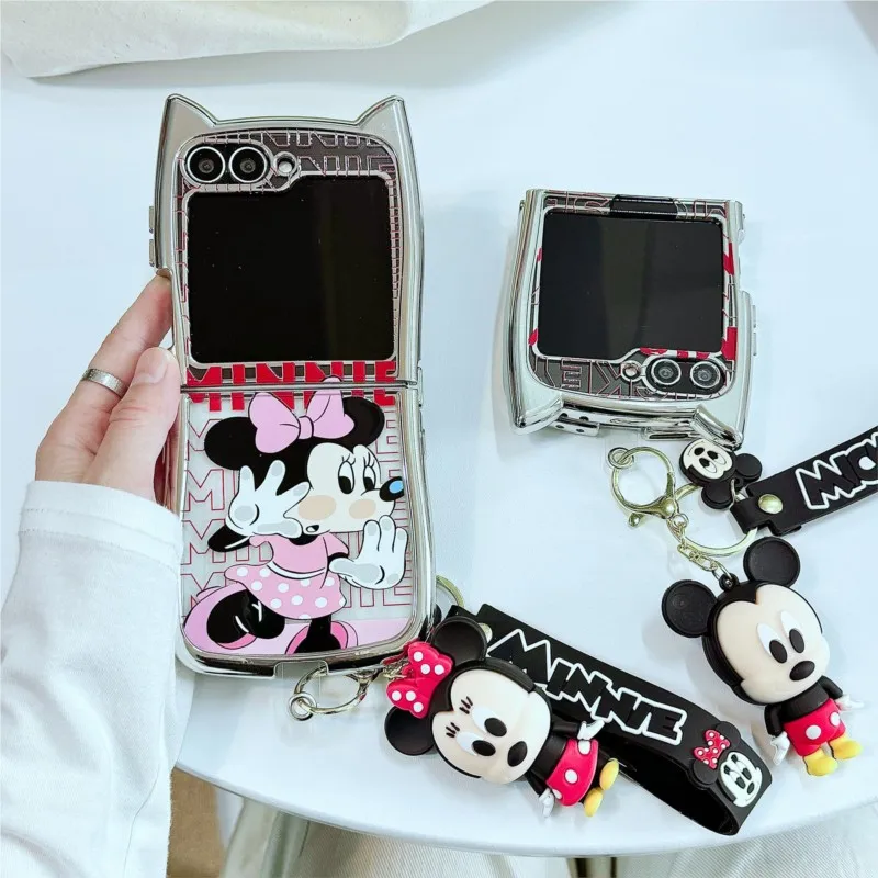 Capa de Telefone 3D com Orelhas de Gato Mickey Minnie para Samsung Galaxy Z Flip 3 4 5 6 7 7FE, Capa à Prova de Choque com Pingente de Boneca e Cordão