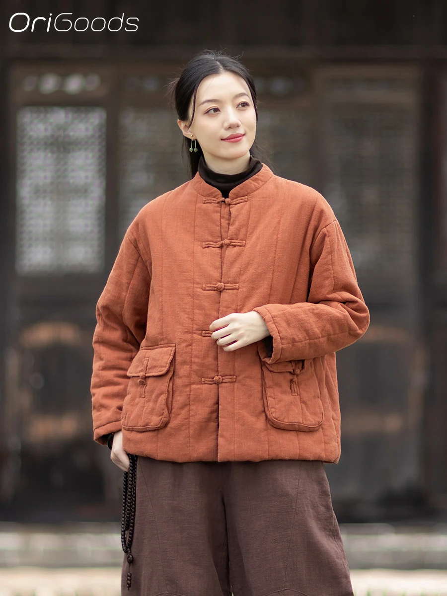 OriGoods معطف الشتاء الدافئ السميك امرأة فضفاضة تناسب القطن مبطن الشتاء سترة النمط الصيني الكتان الطقس البارد ملابس خارجية معطف C154