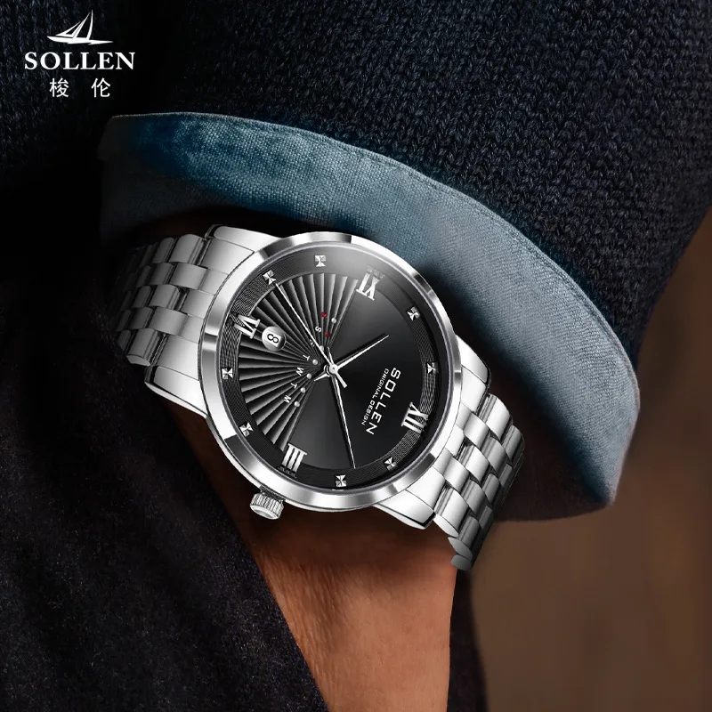 SOLLEN العلامة التجارية الفاخرة الرجال ساعة رياضية الذكور عادية كامل الصلب تاريخ الأسبوع ساعات المعصم الرجال ساعات كوارتز relogio masculino