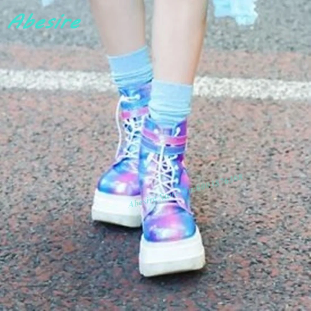 Colorful Lace‑Up Platform Ankle Boots Round Toe Side‑Zipper Wedges Women's Boots Lolita Y2K Music Festival Street-Style Shoes