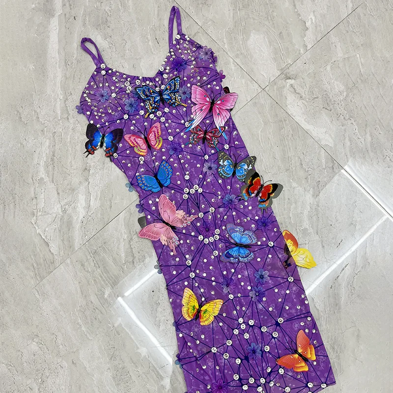 Glamorous Purple Three-Dimensional Butterfly Sling Dress - Elegant Slim Fit Seaside Party Outfit for American Sweetheart Style