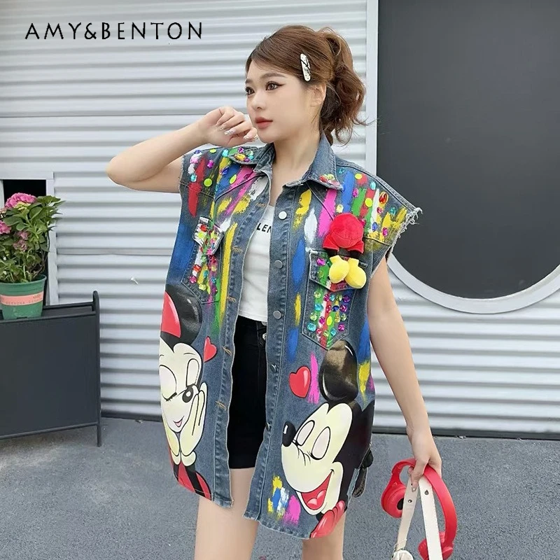 

Heavy Craft Rhinestone and Beaded Cartoon Denim Jacket Waistcoat For Women's 2026 Spring Stylish Design Fashion Vest Top Coat