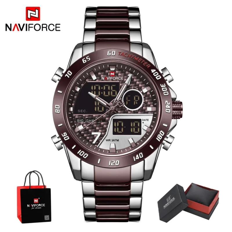 NAVIFORCE Men‘s New Analog Digital Watch 3ATM Waterproof Luminous Date Week Stainless Steel Sport Outdoor Wristwatch Gifts Box
