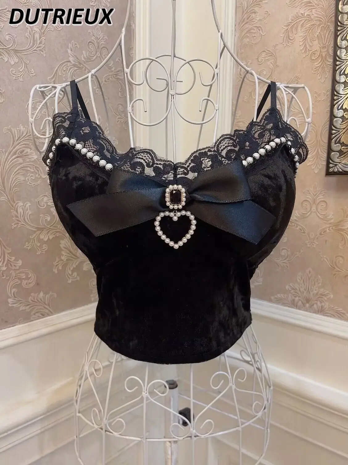 

Bow Love Rhinestone Pearl Lace Edge Slim-Fit Slimming Chest Pad Navel-Exposed Short Crop Top Velvet Spaghetti Straps Vest