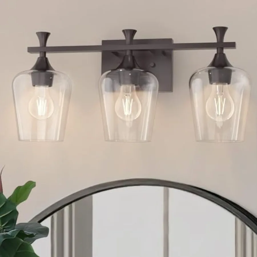 

3 Light Bathroom Vanity Light - Black Bathroom Lighting Fixtures Over Mirror Modern Wall Sconces with Transparent Glass Lampsha