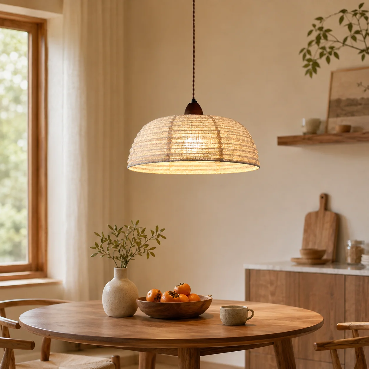 Wabi‑sabi Ash Wood Fabric Pendant Lamp E27 Adjustable Hanging Light 3 Color Temp for Dining Bedroom
