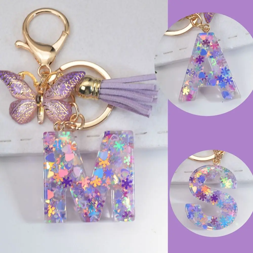1 PCS Cute A To Z 26 Alphabet Keyring Creative Purple Snowflakes Letter Keychain Funny Butterfly Backpack Pendant