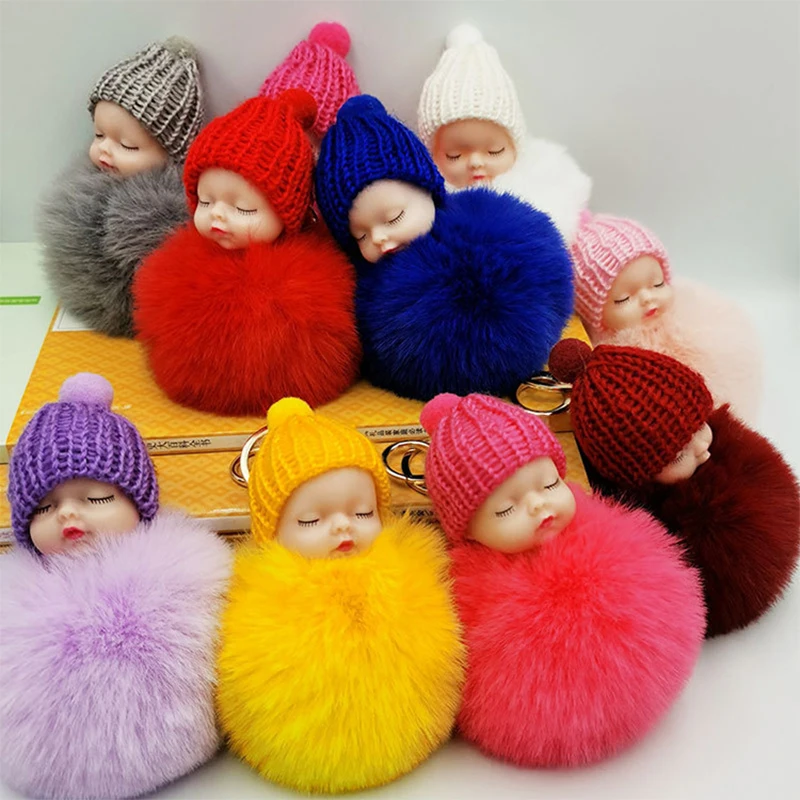 50Pcs Doll Pom Pom Keychain Cute Fluffy Sleeping Baby Doll Keychain Pompom Car Keyring Wallet Bag Phone Pendant Bag Charm