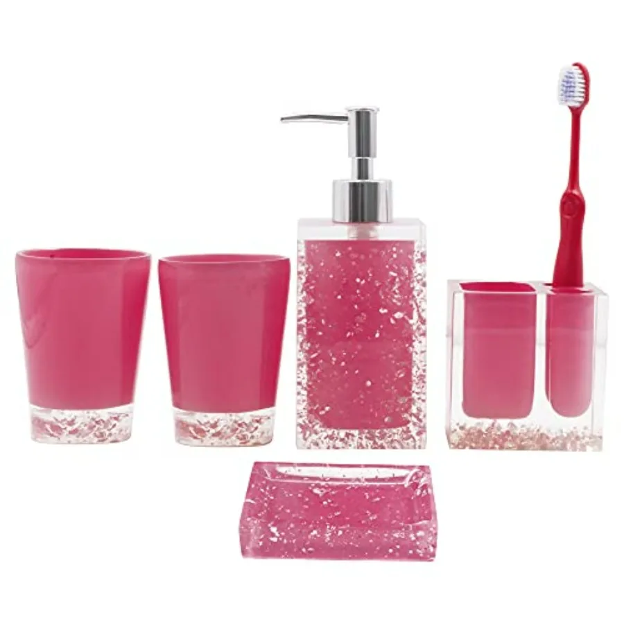 

Pink Resin Bathroom Set with Soap Dispenser Toothbrush Holder and Tumbler 5 Piece Functional Accessory for Modern Bathrooms