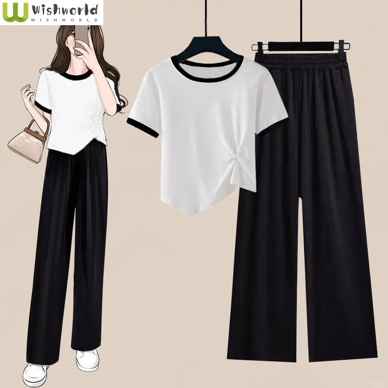 

Women's Set New Korean Irregular Contrast Color Short T-shirt Women's Top+Vertical Wide Leg Pants Two Piece Set