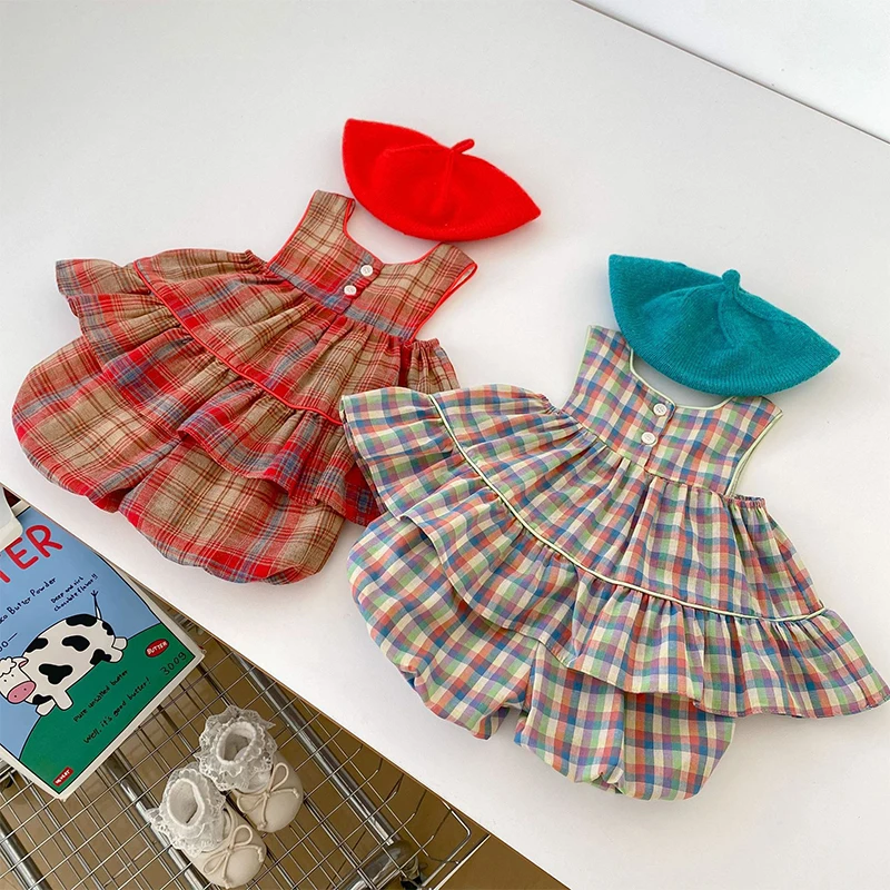 

2024 Summer Baby Girl Clothing Korean Plaid Halter Top + Loose Shorts 2Piece Sets Sleeveless Princess Baby Dresses Baby Tank Set