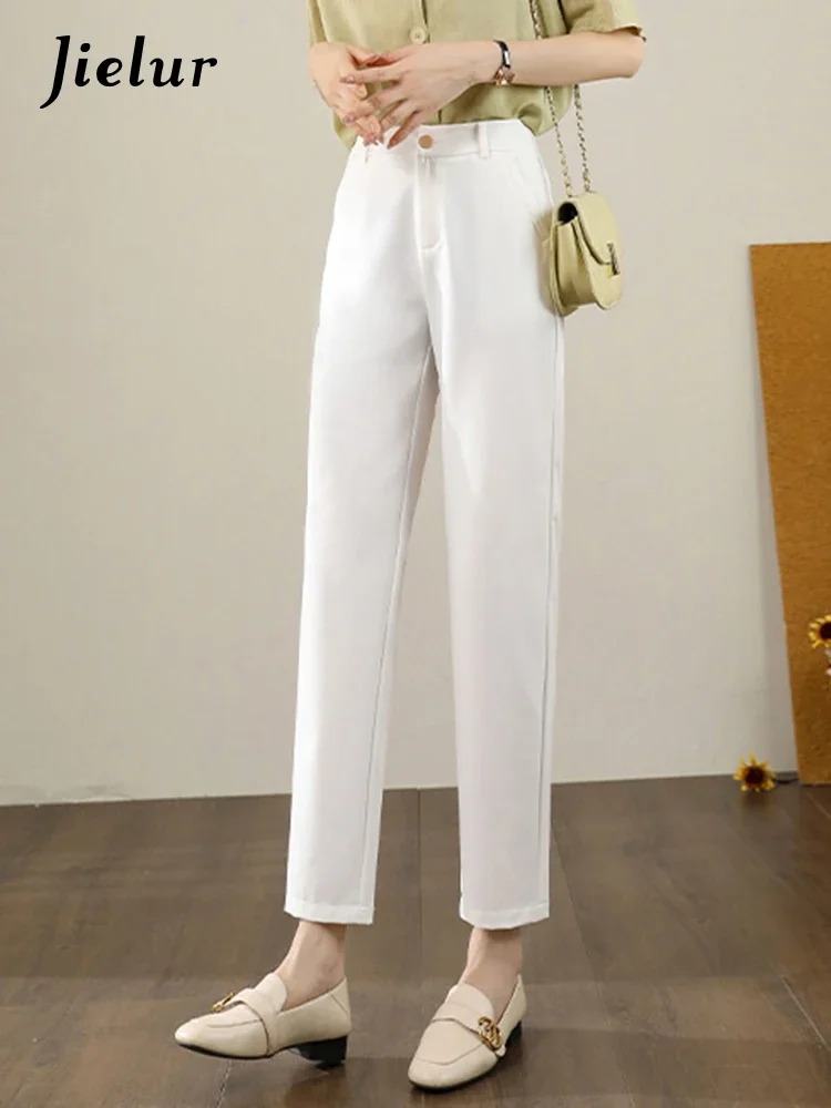 

Jielur High Waist Slim White Women Pants Summer Basic Office Ladies Straight Casual Solid Color Female Suit Pants Button Zipper