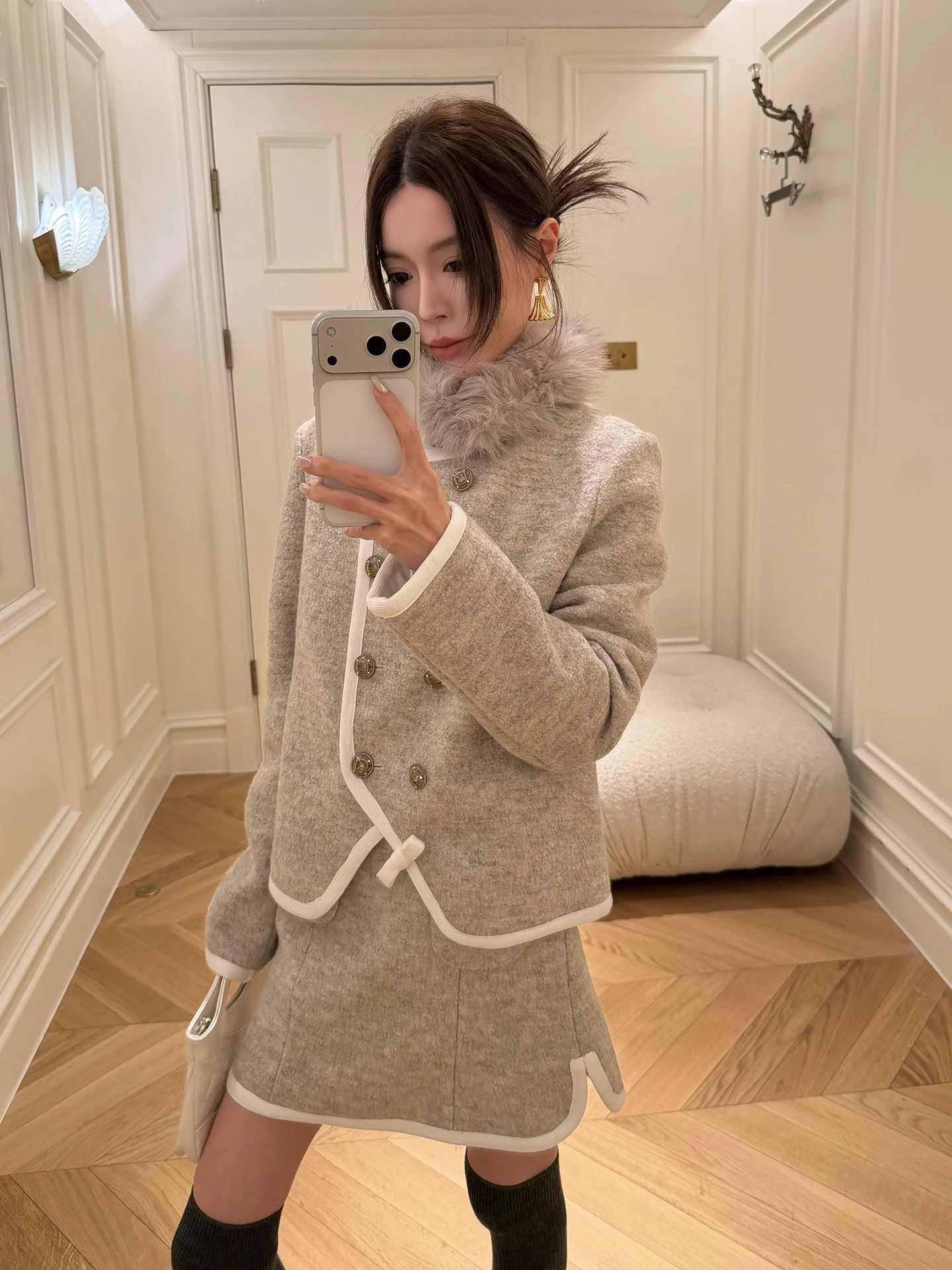 

Smol Paris Holiday Color Blo Double Row Button Woolen Coat Skirt Set Ele Two Piece Set Women's Faion Spring Outfit