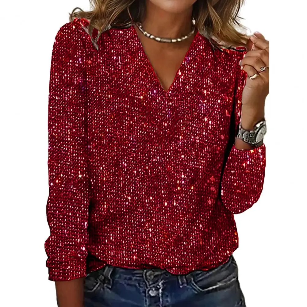 Elegant Tee Shirt Top Shiny Sequin Long Sleeve Women Blouse Loose Breathable  Club Party Lady Blouse Shirt