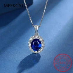 Oval Cut Created Blue Sapphire 925 Sterling Silver Pendant Necklace Hollow Gemstones Women Necklace Colar de Prata