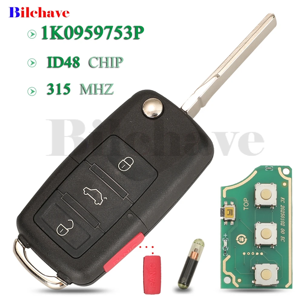 Jingyuqins 315MHZ ID48 Chip 1K0959753P 4-Tasten Klappbarer Fernbedienungs-Autoschlüssel für VW VOLKSWAGEN GOLF EOS GTI Rabbit JETTA