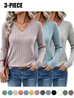 Women's 3-Pack Ribbed Knit V-Neck Sweaters Tops New Fall Fashion 2026 for Women 4