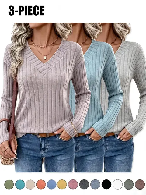 Women's 3-Pack Ribbed Knit V-Neck Sweaters Tops New Fall Fashion 2026 for Women 4 Women's 3-Pack Ribbed Knit V-Neck Sweaters Tops New Fall Fashion 2026 for Women 4
