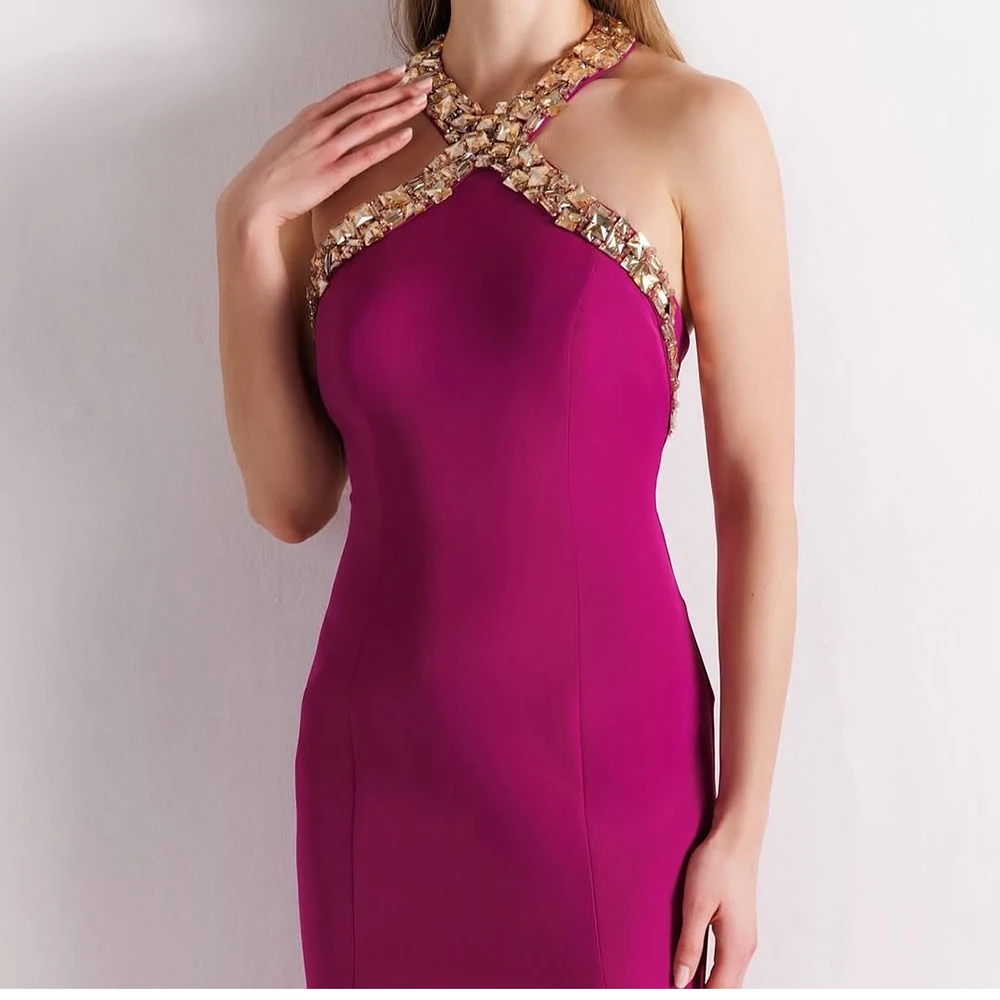 맞춤형 인어 저녁 드레스 바닥 길이 브이넥 민소매 프로무 드레스 패션 크리스탈 사이드 슬릿 심플 드레이프 파티 드레스