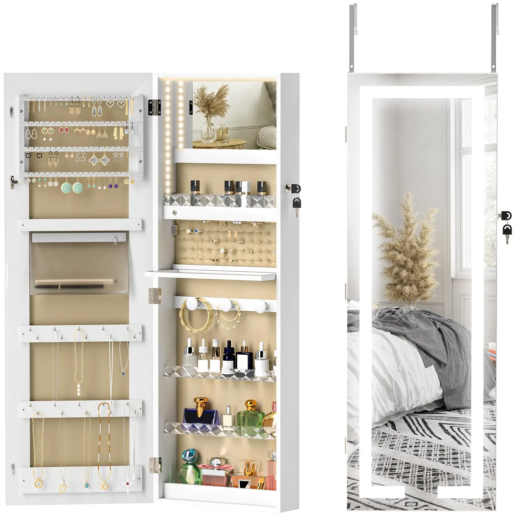Armoire à bijoux avec miroir LED, à fixer au mur ou à la porte, avec serrure, blanc, 37 × 10,5 × 108 cm