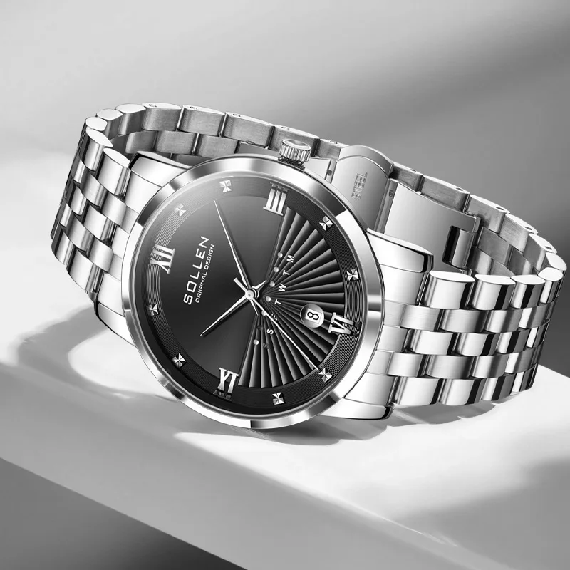 SOLLEN العلامة التجارية الفاخرة الرجال ساعة رياضية الذكور عادية كامل الصلب تاريخ الأسبوع ساعات المعصم الرجال ساعات كوارتز relogio masculino