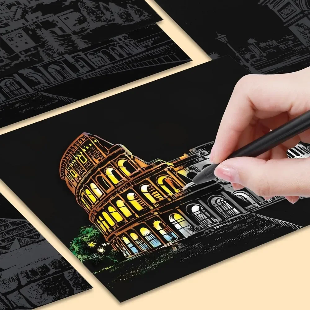 무지개 스크래치 페이퍼 및 스크래치 도구 키트 시티 시리즈 야경 스크래치 아트 (성인 및 어린이용)