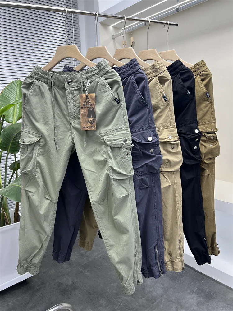 Japanese Sle Casual Workwear Pants Large Pockets Men's Solid Color Multi-Pocket Drawstring Trousers Spring Autumn Wear