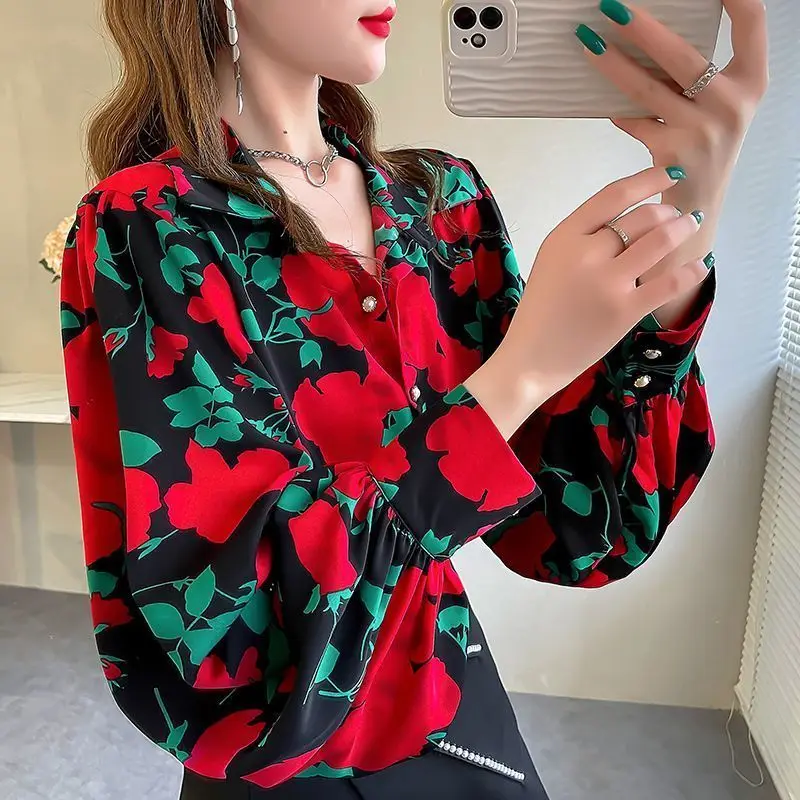 Women Vintage Floral Print Oversized Streetwear Shirts Spring Autumn Trend Lapel Long Sleeve Blouses Elegant Chic Y2K Tops Blusa