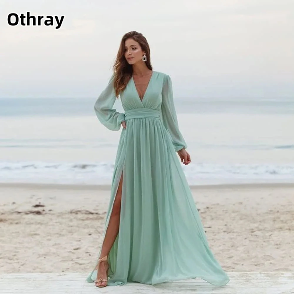 

Othray V Neck Long Sleeve Evening Dress Side Slit Long A Line Party Dresses Formal Party Gown Corset Back Chiffon Prom Dress