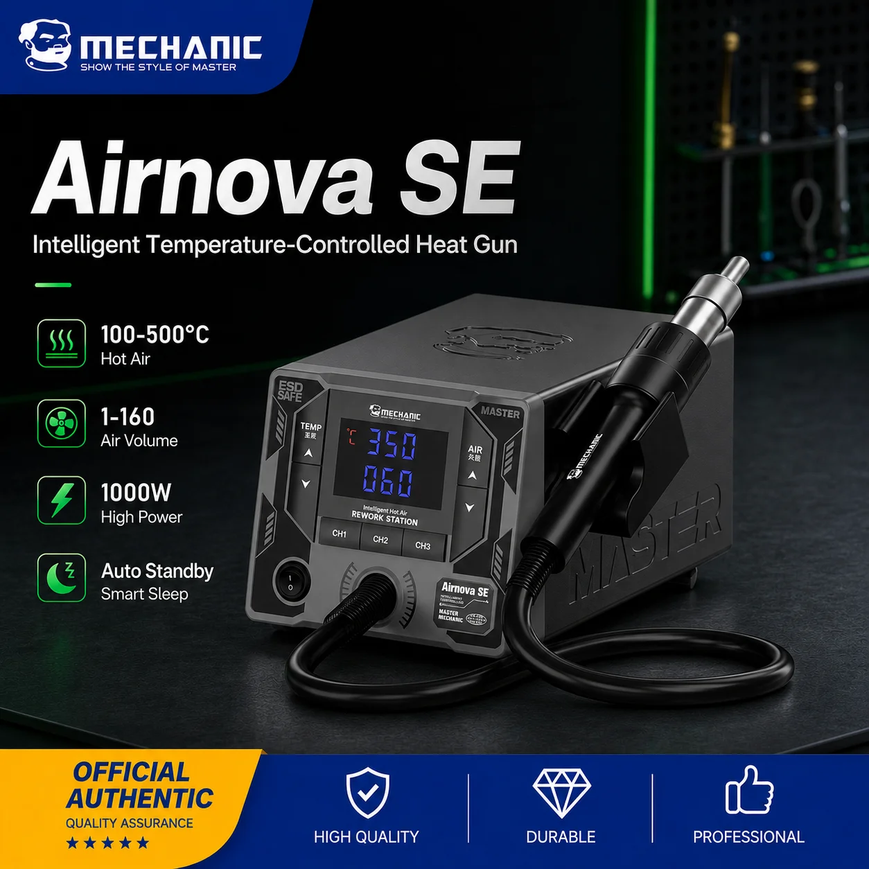 MECHANIC AirNova SE 1000W Hot Air Rework Station 100-500°C 160 Airflow Levels Auto Standby for Mobile Phone BGA IC PCB Repair