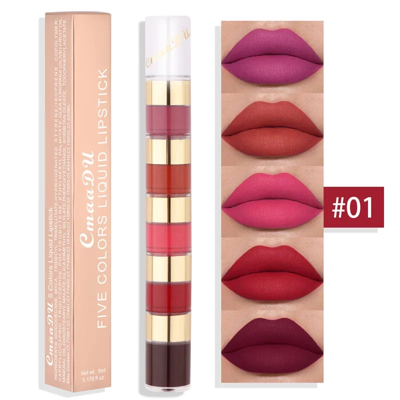 5 In 1 Matte Lippenstift Kit Waterdichte Blijvende Combinatie Lipgloss Sexy Rode Lip Tint Lipgloss Lip Olie Make-Up Lippen Cosmetische Set