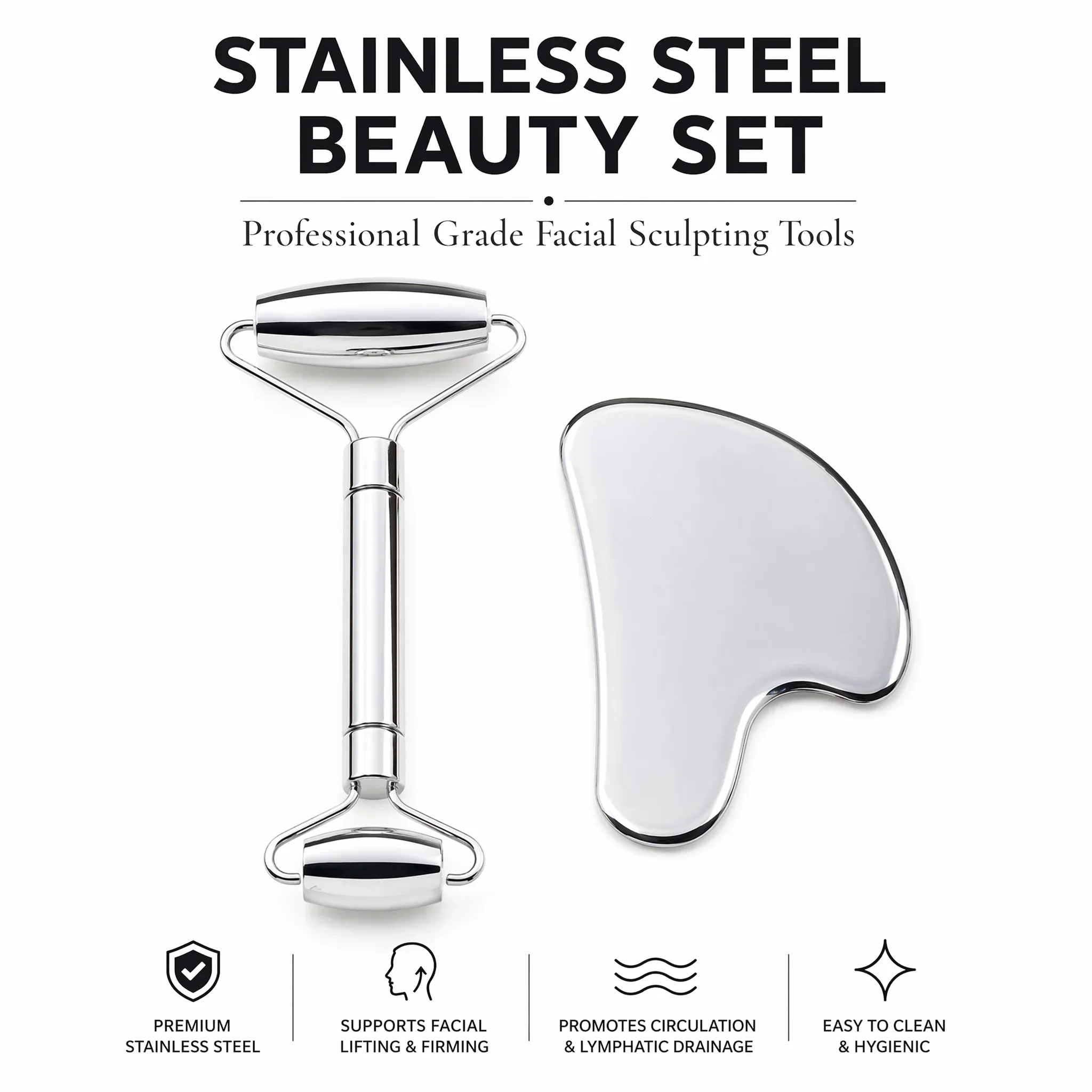 

Hot Sale 304 Stainless Steel Face Roller Gua Sha Board Kit Double Head Facial Massage Lifting Anti Swelling Beauty Tools