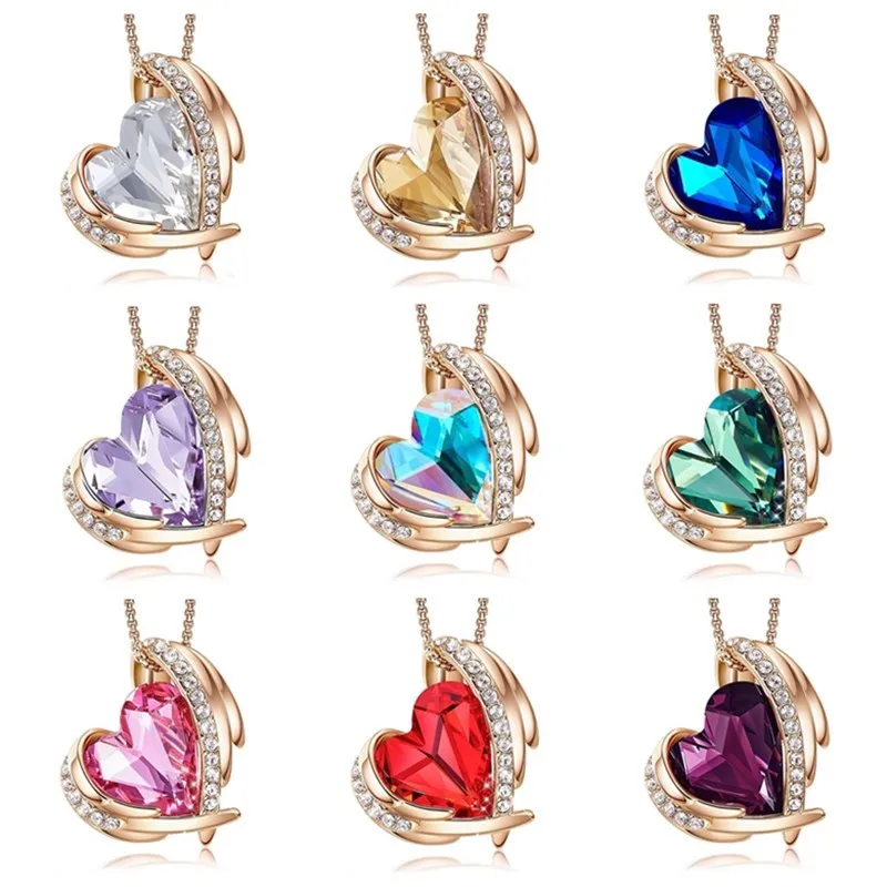 Fashion Love Heart Pendant Gold Tone Crystals Necklaces Jewelry for Women Rose  Party/Anniversary Day/Birthday