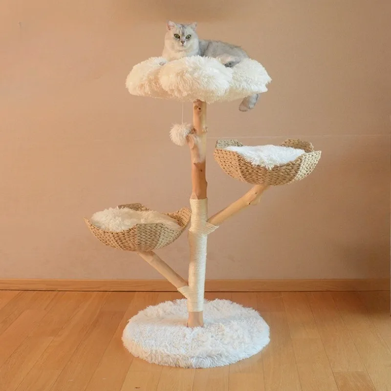 Solid Wood Cat Climbing Rack Natural Handmade Rattan Cats Nest Multifunction Wear-resistant Cat Scratching Post Cats Accessories