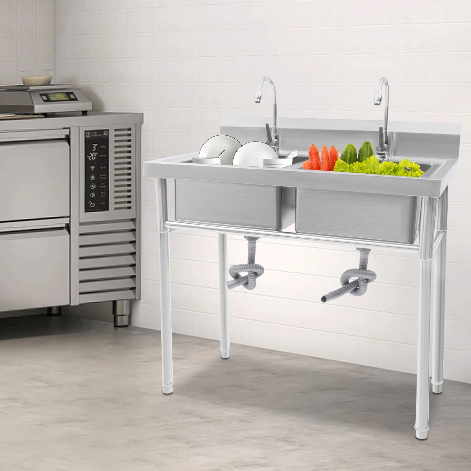 Évier commercial à 2 compartiments avec double robinet, évier de restaurant en acier inoxydable