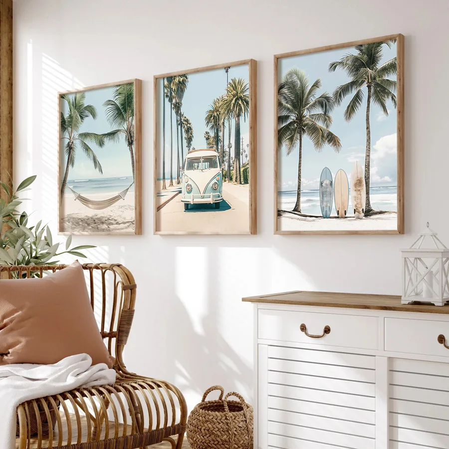 

3pcs Tropical Surfboard Tourist Wall Art Beach Canvas Poster, Palm Tree Print Living Room Bedroom Home Office, Room Home Decor