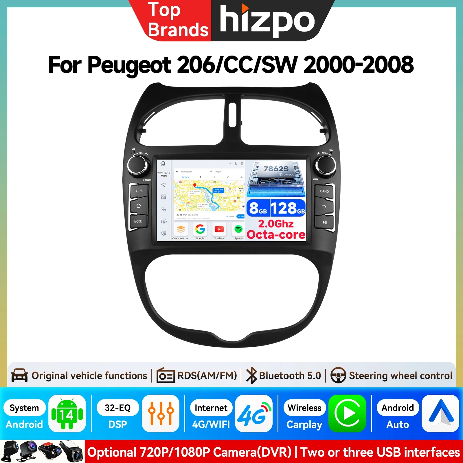 Hizpo 7-Zoll Android Autoradio für Peugeot 206 206CC 206SW 2000-2008 Multimedia Carplay Player 2Din Stereo Autoradio Navigation GPS Auto KI-Intelligentes System Head Unit Autoradio Video Stereo Audio