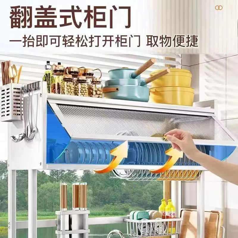 Sink Cabinet Door Rack Countertop Sink Shelf with Door Dust-Proof Cutlery Cutting Board Drain Rack Bowl Plate Organizer Kitchen