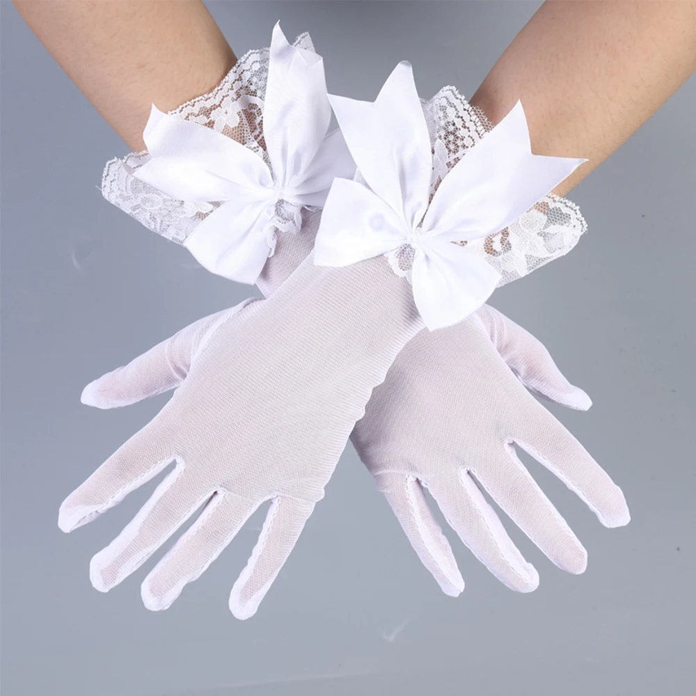 Women Black White Parties Wrist Gloves Cosplay Accessories Lace Gloves Mesh Gloves Bride Mittens Large Bownot