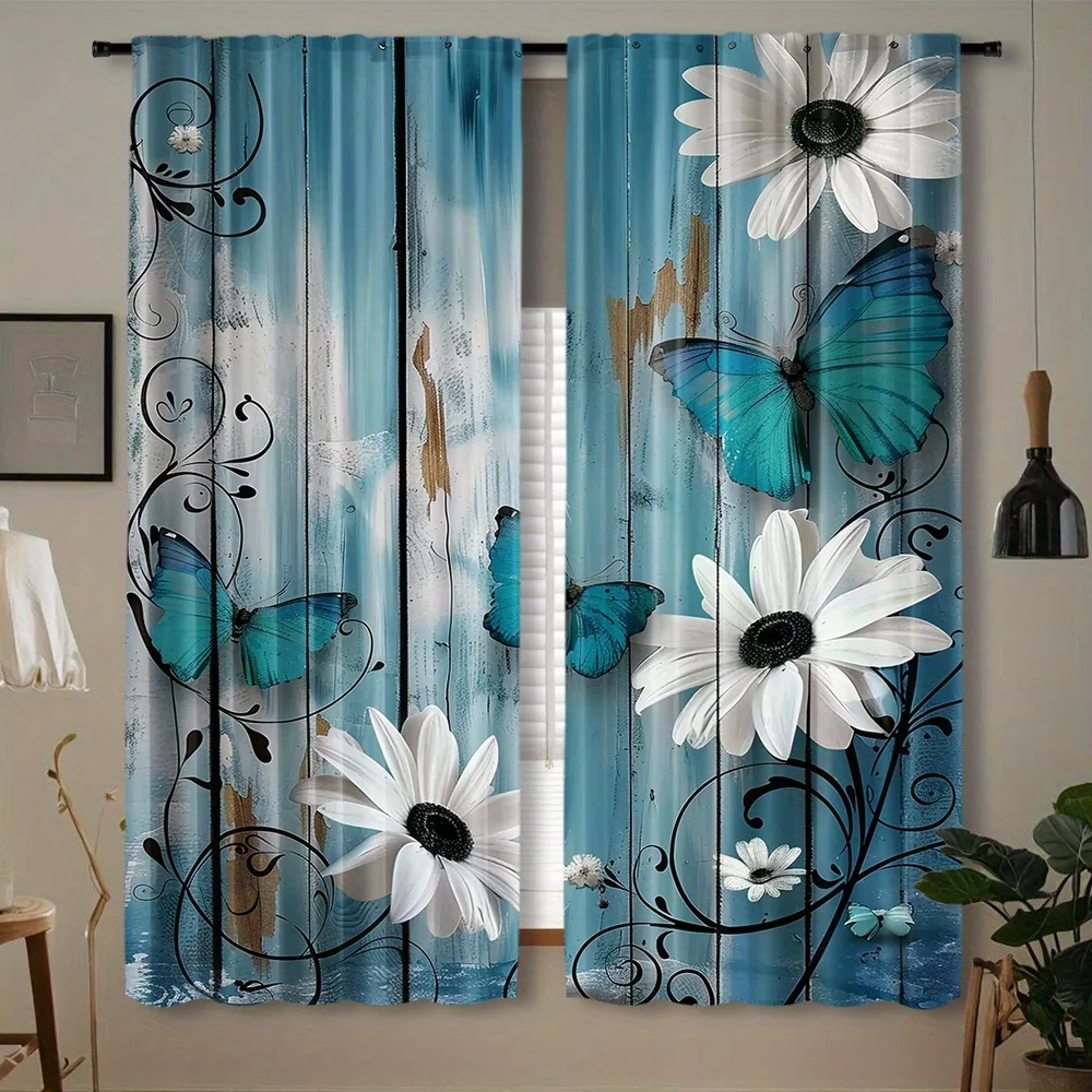White Daisy Butterfly Curtain 2 Panels Vintage Blue Wood Plank Background Master Bedroom Curtain Rustic Floral Home Decor