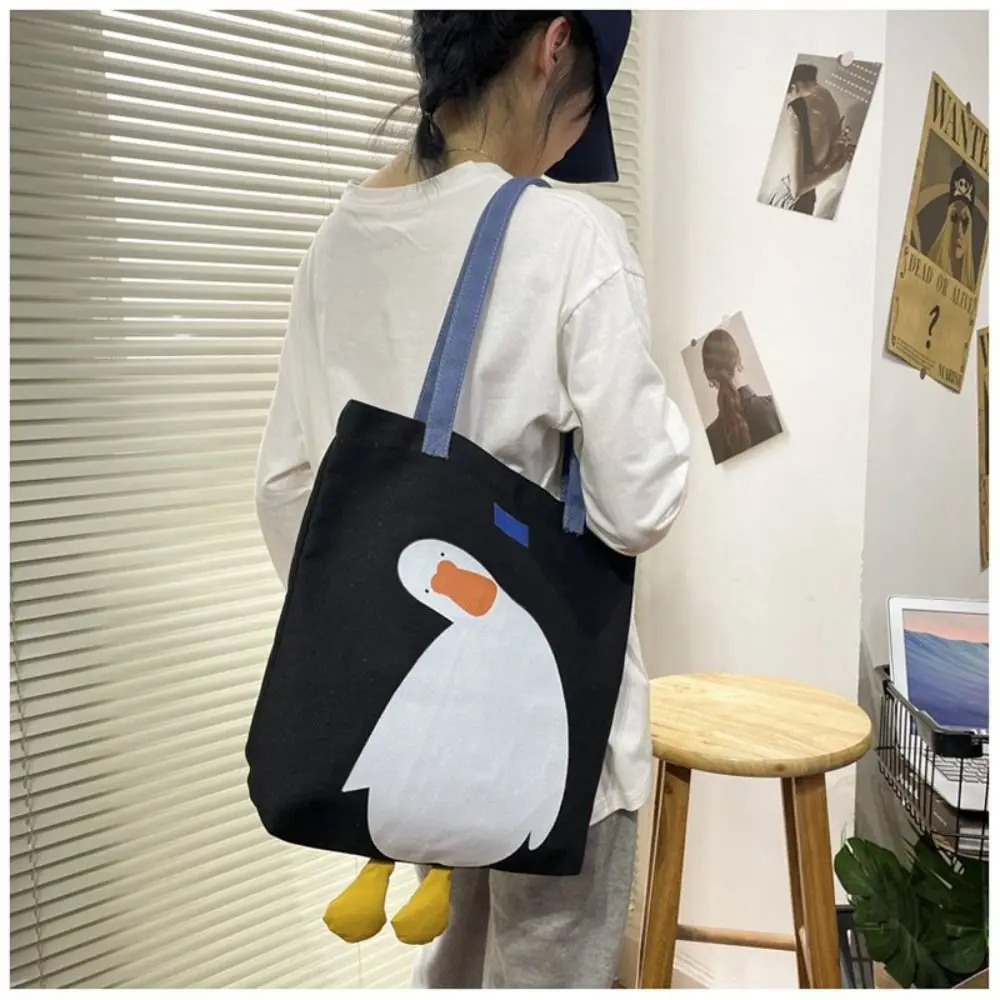 1 Pcs Cute Canvas Tote Bag, Multi-purpose Large Capacity Reusable Duckling Cotton Cloth Bag, Fabric Crossbody Bag