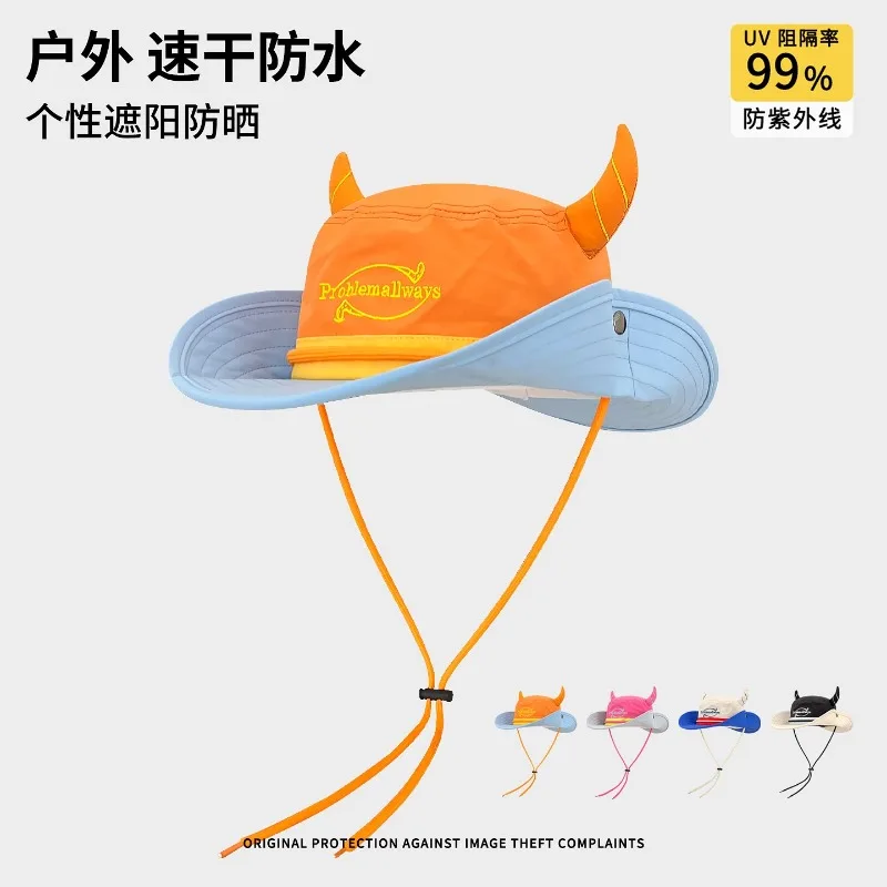 

New Dopamine Personality Devil Corner Sunscreen Big-brim Bucket Hat for Men and Women Summer Outdoor Hiking Camping Hiking Cap