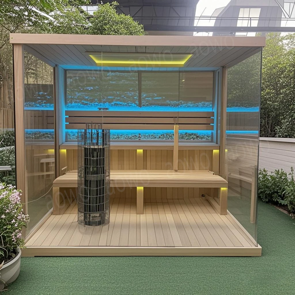 Sauna de vidrio sin marco para exteriores, banco finlandés Con Stufa Rotonda Premium de segunda capa con aplicación conectada, Sauna Hemlock