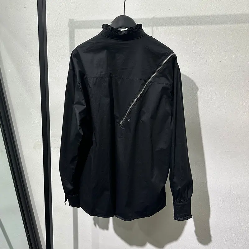 Design Fashionable French Style Flounce Retro Long Sleeve Stand Collar Shirt Dark Casual High-Grade Top for Men