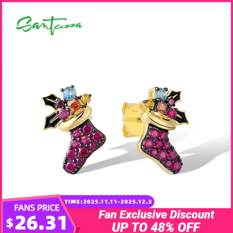 

SANTUZZA Real 925 Sterling Silver Earrings For Women Sparkling Created Ruby Lovely Christmas Stockings Gifts Enamel Fine Jewelry