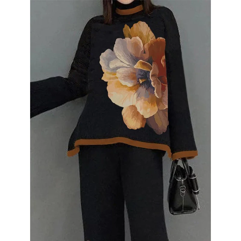 Tinaa Women Autumn Winter Sets 2024 Flared Sleeves Long Sleeves Flower Print Round-Neck T-Shirts Tops and High Waisted Pants