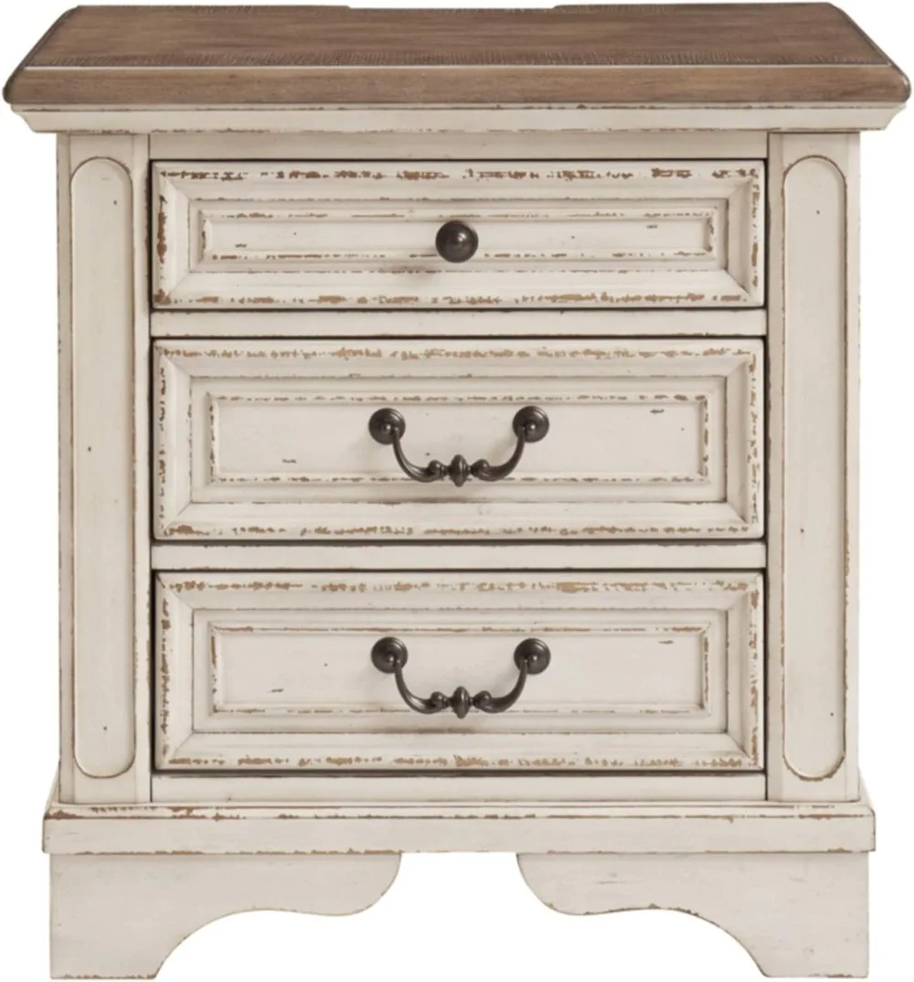 Realyn French Country 3 Drawer Nightstand with Electrical Outlets & USB Ports, 27.75" Tall, Chipped White