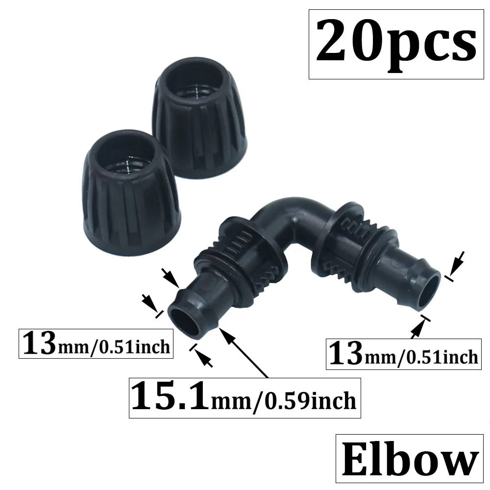 20pcs 16mm PE Hose Barb Connecters 1/2 To 1/4inch Reduced Hose Splitter Tee Elbow End Plug Tap 1/2/4-way Pipe Lock Nut Fittings