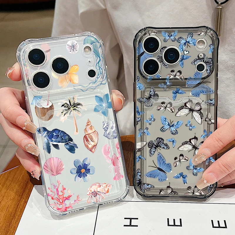 Funda de teléfono con diseño de tortuga y mariposa para iPhone Air 16e 17 16 15 Pro Max 14 13 Pro Max 12 11, funda de silicona suave transparente con ranura para tarjetas
